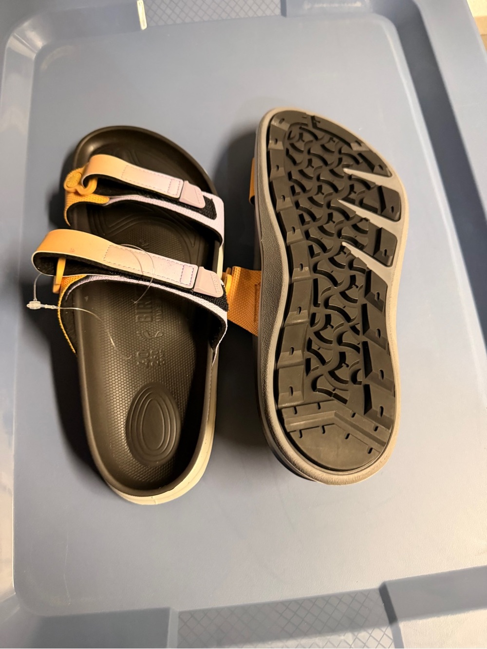 Birkenstock Two‑Strap Sandals in Black, Yellow and Light Pink